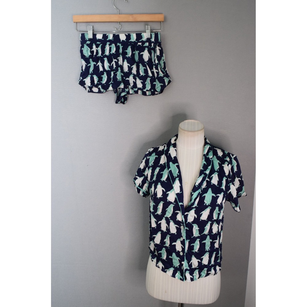 LyreBird Emily Taylor Pajama Set XXS Navy Penguin Print 2PC Loungewear Silky